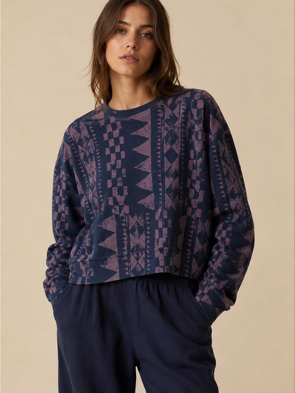 Raquel Allegra Navy and Mauve Geometric Crewneck Sweatshirt